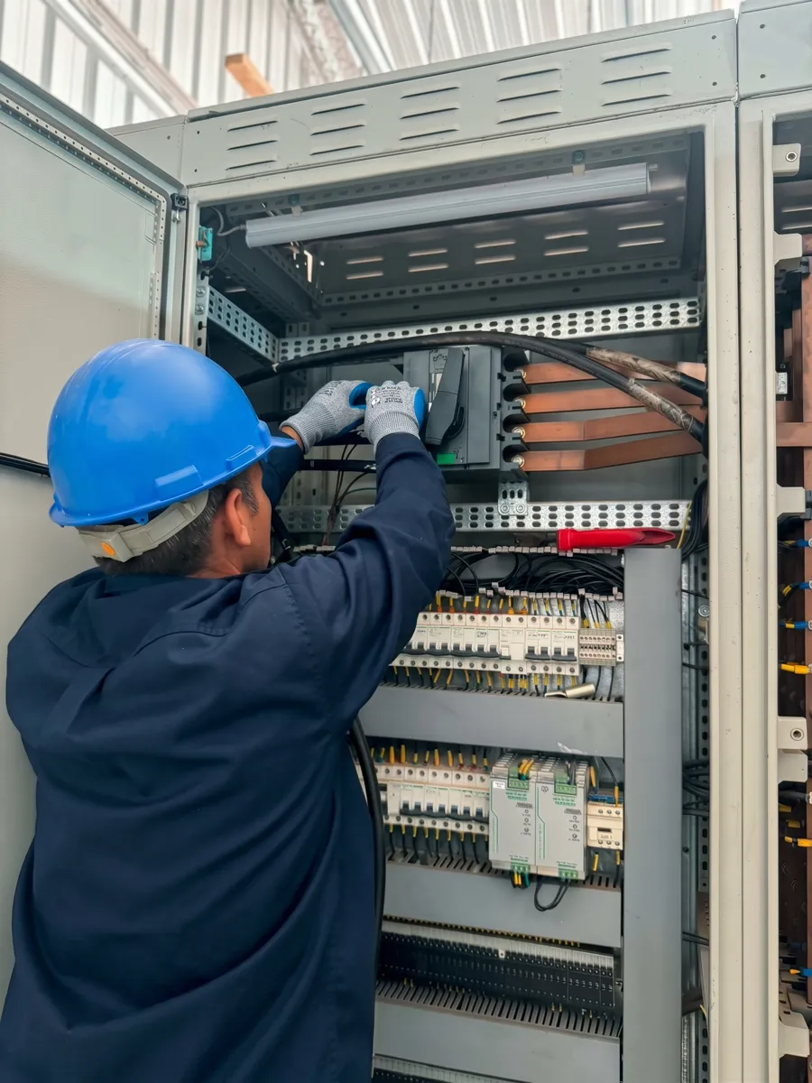 Técnico de Capservi trabajando en un tablero eléctrico industrial